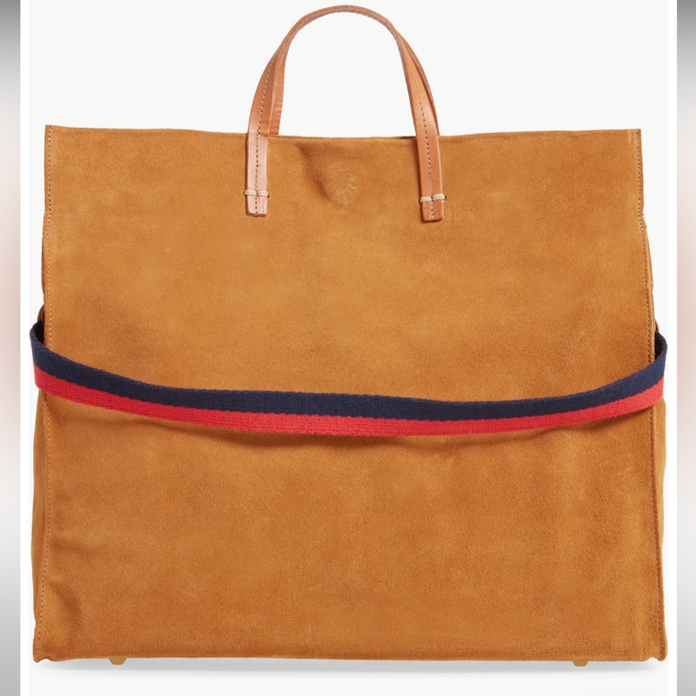 Clare V Simple Suede Bag camel with red and blue stripe strap